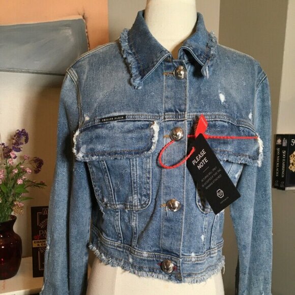 Philipp Plein Size S Blue Denim Distressed Jacket